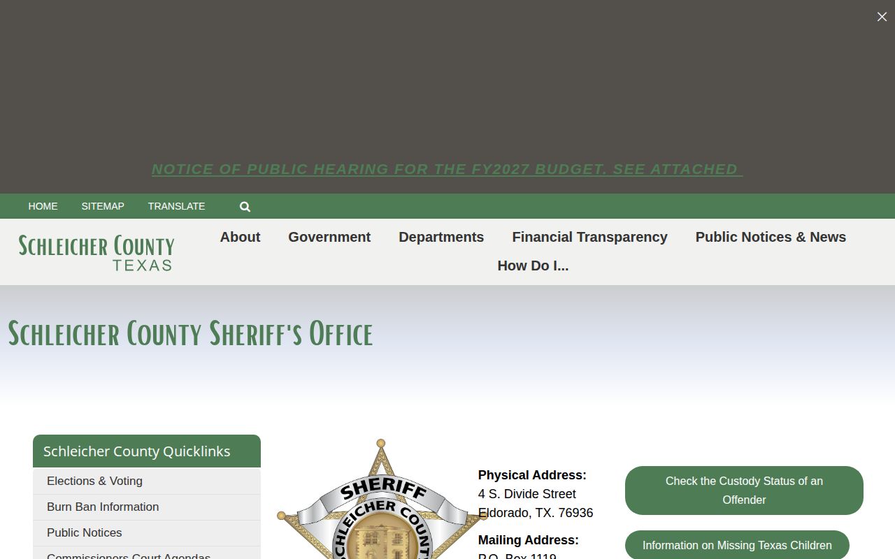 Schleicher County Sheriff custody and booking records source page